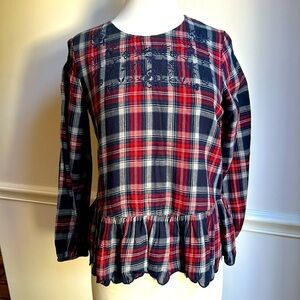Zara Peplum Top Red Blue plaid embroidered size extra small EUC